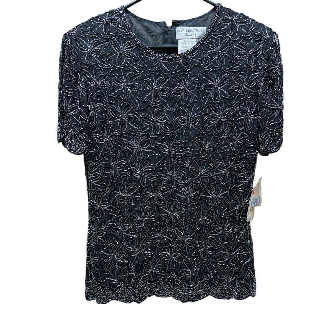 Vintage Papell Boutique Evening black beaded silk blouse.Scalloped hem.Sz M.NWT